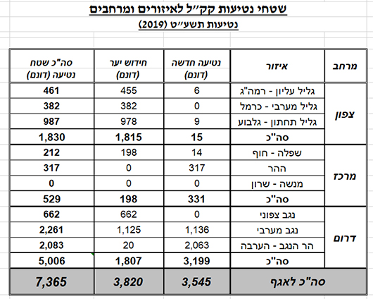 שטחי נטיעה בחלוקה למרחבים ואזורים